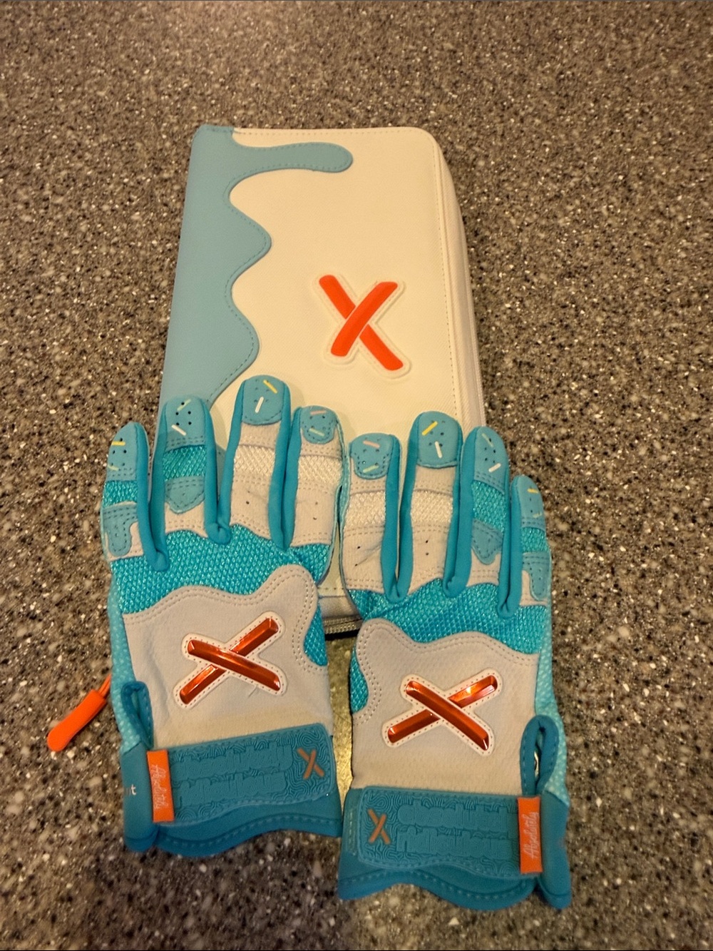 Absolutely Ridiculous YM Batting Gloves and Case Set - Aqua/White with Orange